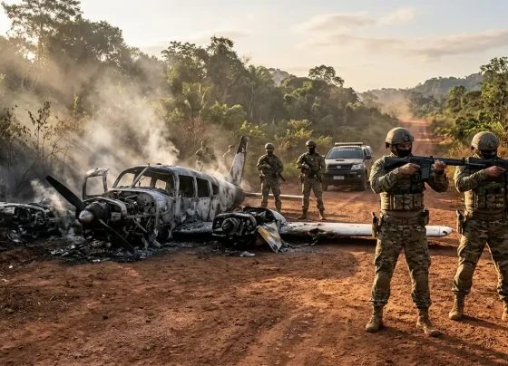 Policiais do Gefron na área onde aeronave usada no tráfico de drogas foi incendiada em Juara.
