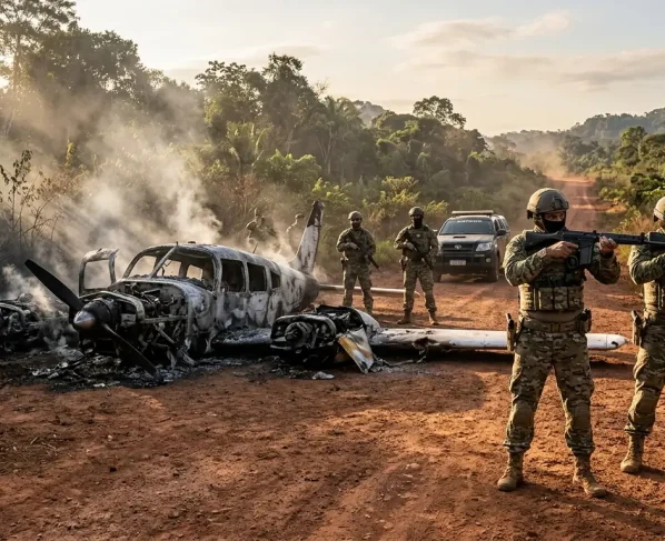 Policiais do Gefron na área onde aeronave usada no tráfico de drogas foi incendiada em Juara.