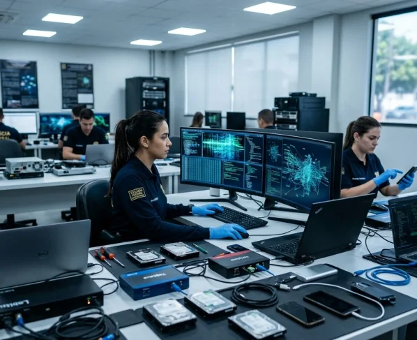 Equipamentos eletrônicos e computadores apreendidos durante investigação de crimes cibernéticos pela Polícia Civil.