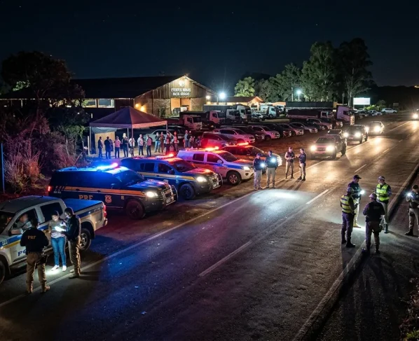Viaturas da Polícia Militar em fiscalização a evento na região rural de Nova Mutum.