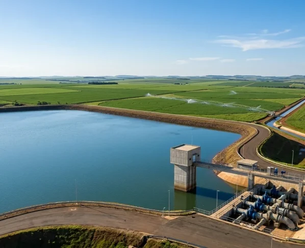 Vista panorâmica de grande reservatório de água e áreas de cultivo agrícola em Mato Grosso.