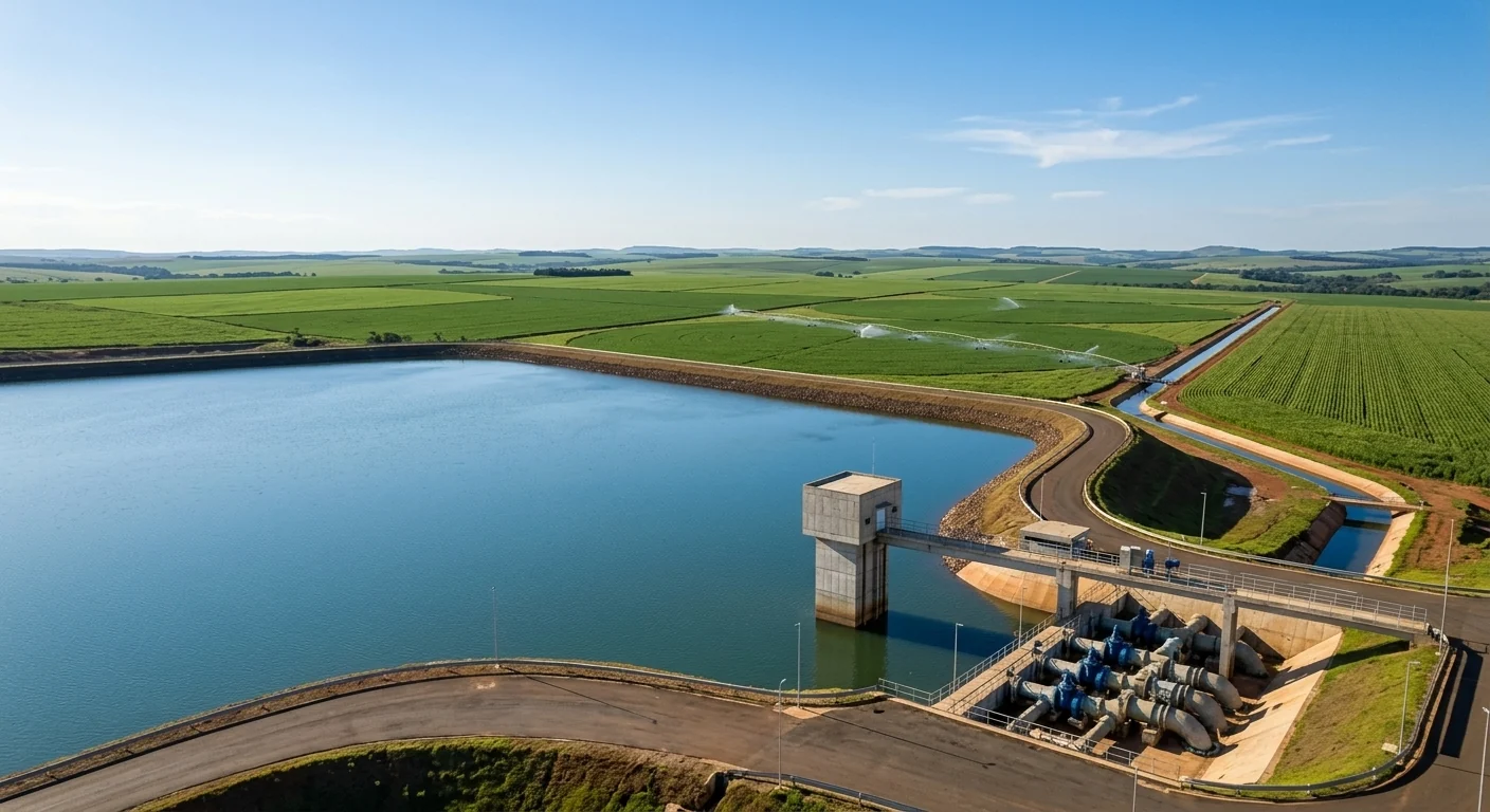Vista panorâmica de grande reservatório de água e áreas de cultivo agrícola em Mato Grosso.