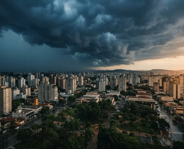 Nuvens escuras de tempestade carregadas sobre o horizonte de uma cidade com vegetação balançando ao vento.