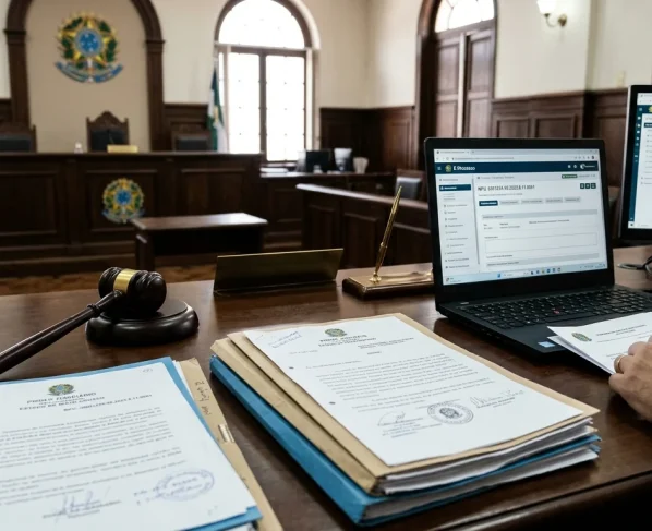 Documentos jurídicos e martelo da justiça sobre mesa de madeira no Tribunal de Justiça de Mato Grosso.