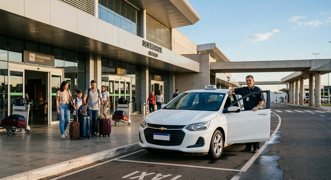 Táxi moderno estacionado na área de desembarque do Aeroporto Marechal Rondon em Várzea Grande.