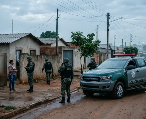 Viatura da Polícia Militar em atendimento a ocorrência de violência doméstica em bairro de Primavera do Leste.